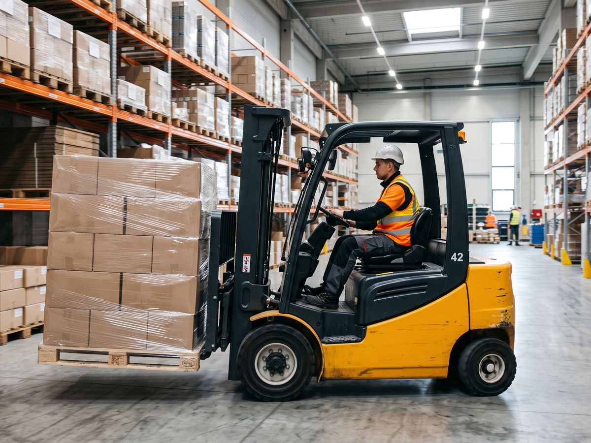 A forklift lifting a shrink-wrapped pallet of cartons in a warehouse aisle