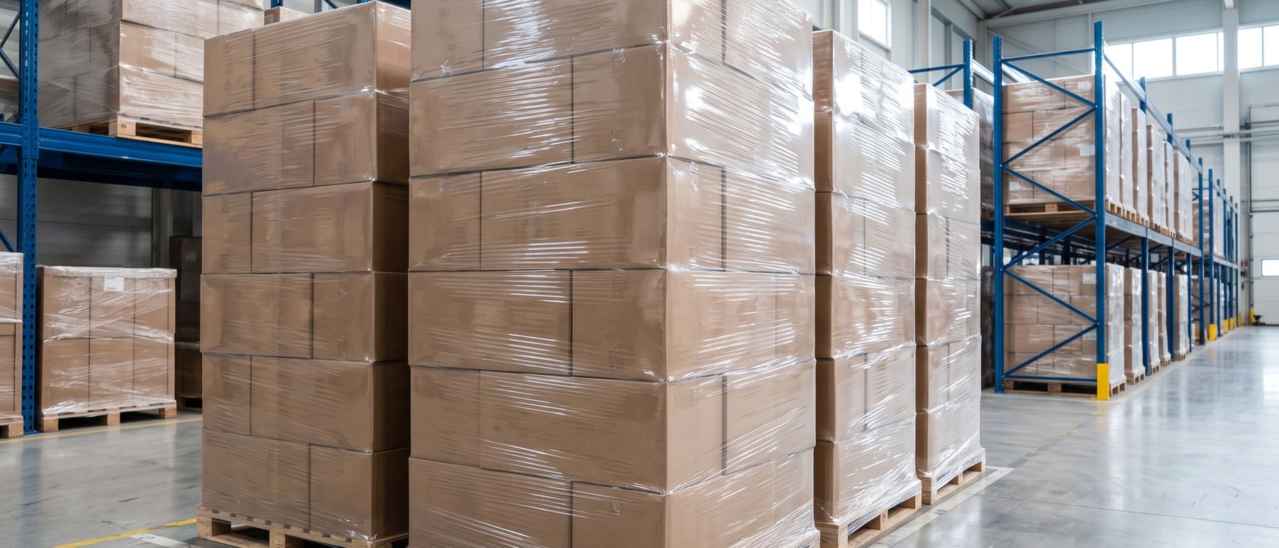 Shrink-wrapped pallets of cartons staged in a warehouse aisle