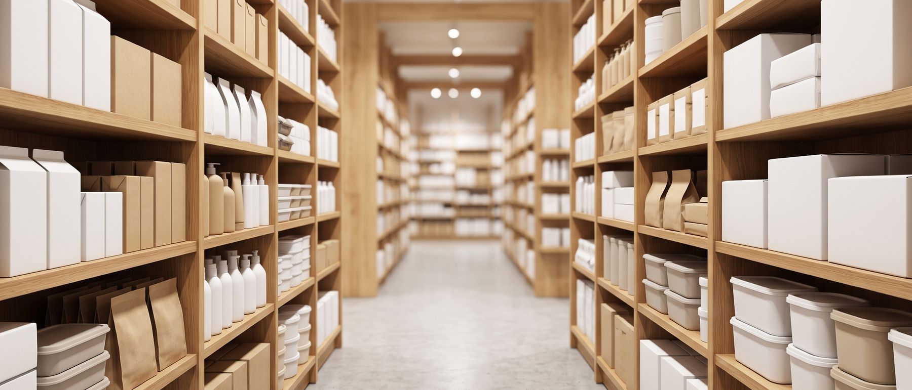 A tidy retail aisle stocked with boxed consumer goods