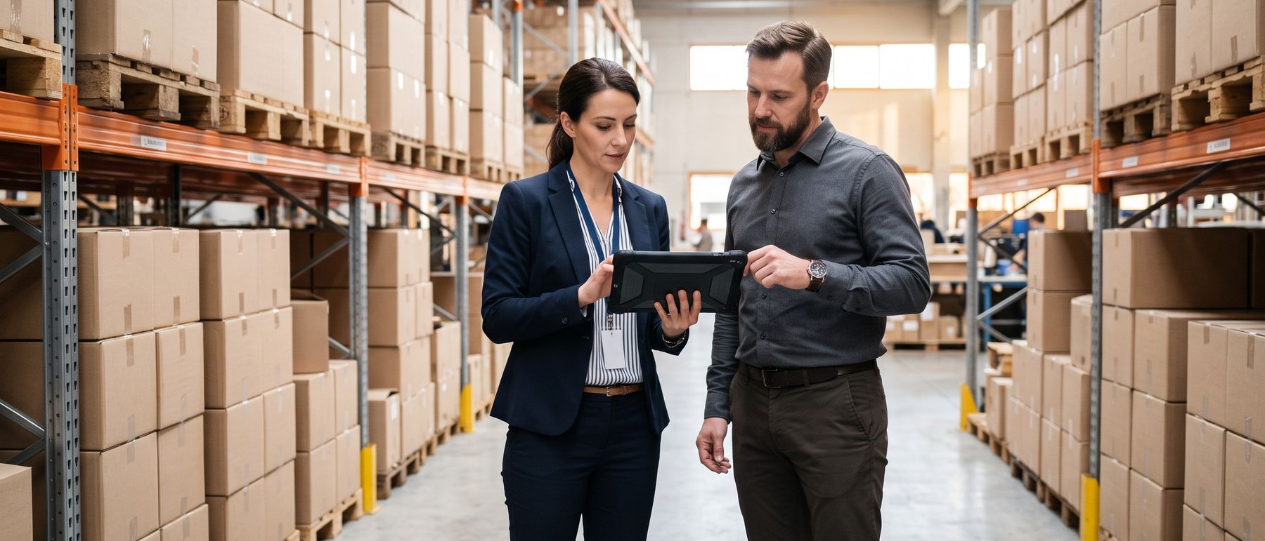 Two colleagues reviewing an order on a tablet in a warehouse aisle